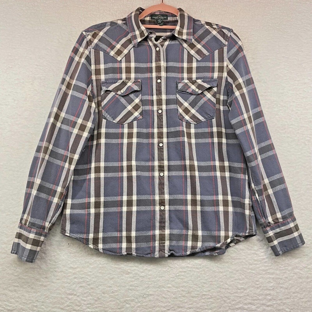 Lauren Ralph Lauren Pearl Snap Shirt Large Womens Blue Plaid Button Down Western